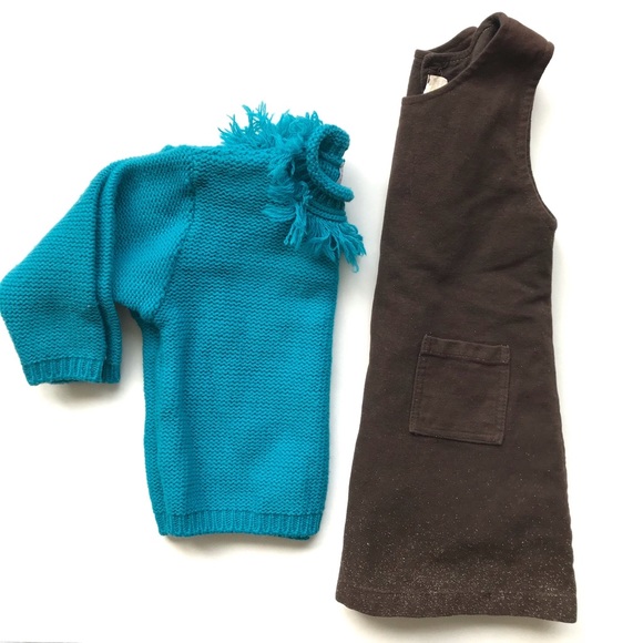 NWT Italian Brown Jumper Dress Blue Fringe Chunky Sweater Set Girls Sz 12 Months - Picture 4 of 7